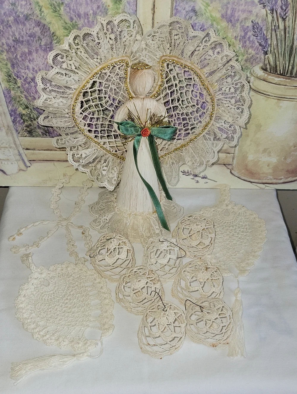 Handmade Corn Husk Angel Figurine & Crochet Lace Ornaments Doilies Lot